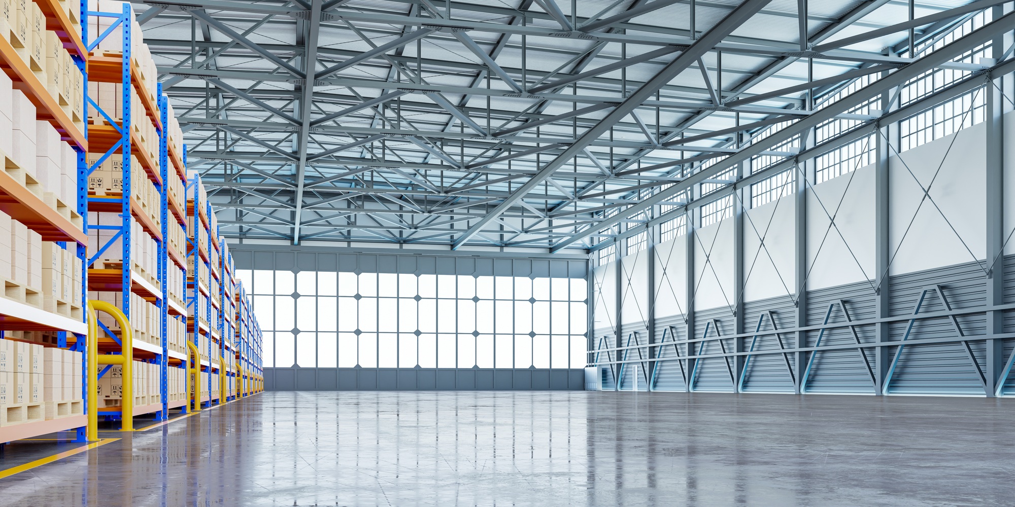 Interior of warehouse in logistic center.